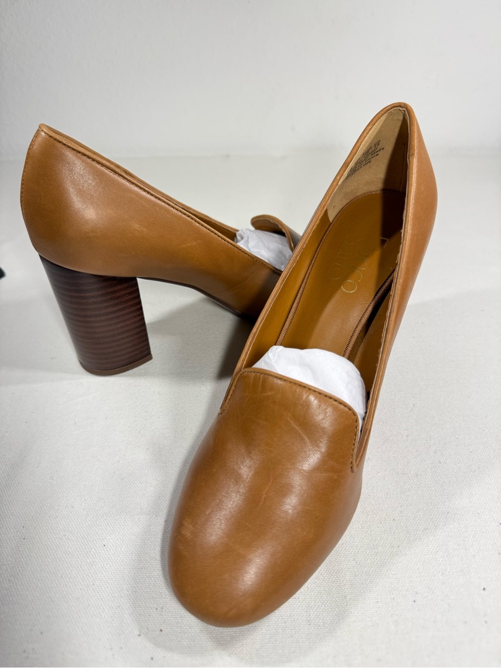 Franco Sarto Cognac Leather Block Heel Pumps